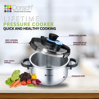 Dorschhome GoPress: 18/10 Stainless Steel Pressure Cooker - Self-Locking Handle, Auto-Pressure Release - Versatile Steamer Basket - Low & High Pressure Cooking - 10 Years Warranty (6 Ltr + 8 Ltr)
