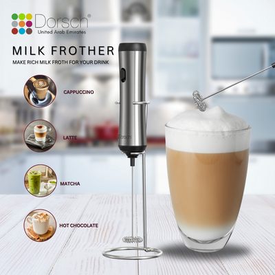 Dorsch Rechargeable Milk Frother - Portable Electric Handheld Frothing Wand for Coffee, Latte, and Cappuccino - USB Charging, 3-Speed Settings, Stainless Steel Whisk - Barista-Quality Froth in Seconds
