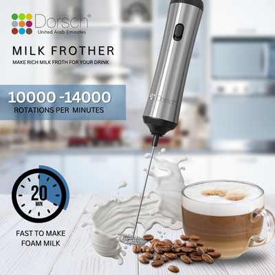 Dorsch Rechargeable Milk Frother - Portable Electric Handheld Frothing Wand for Coffee, Latte, and Cappuccino - USB Charging, 3-Speed Settings, Stainless Steel Whisk - Barista-Quality Froth in Seconds
