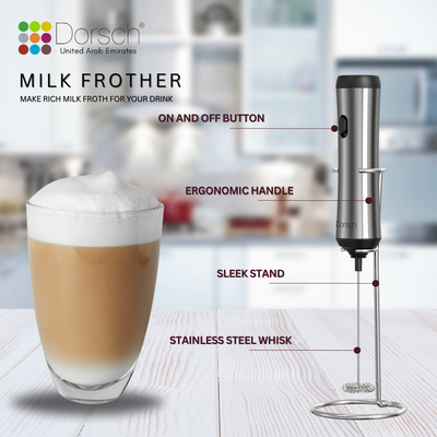 Dorsch Rechargeable Milk Frother - Portable Electric Handheld Frothing Wand for Coffee, Latte, and Cappuccino - USB Charging, 3-Speed Settings, Stainless Steel Whisk - Barista-Quality Froth in Seconds
