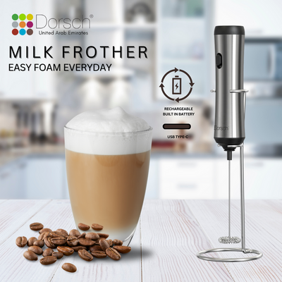 Dorsch Rechargeable Milk Frother - Portable Electric Handheld Frothing Wand for Coffee, Latte, and Cappuccino - USB Charging, 3-Speed Settings, Stainless Steel Whisk - Barista-Quality Froth in Seconds
