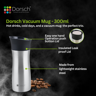 Dorsch Stainless Steel Vacuum Mug - 300ml Capacity | Double Wall Insulation | Leakproof Lid | Keeps Drinks Hot for 6 Hours, Cold for 12 Hours | Lightweight and Durable Design (Stainless Steel)
