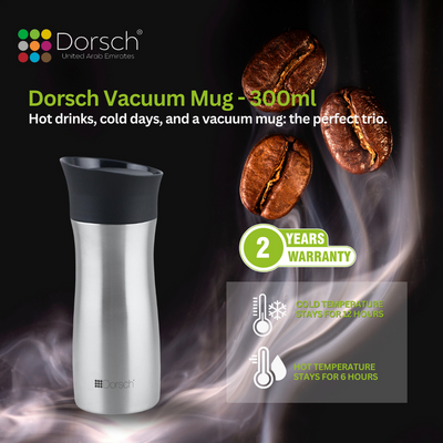 Dorsch Stainless Steel Vacuum Mug - 300ml Capacity | Double Wall Insulation | Leakproof Lid | Keeps Drinks Hot for 6 Hours, Cold for 12 Hours | Lightweight and Durable Design (Stainless Steel)
