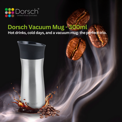 Dorsch Stainless Steel Vacuum Mug - 300ml Capacity | Double Wall Insulation | Leakproof Lid | Keeps Drinks Hot for 6 Hours, Cold for 12 Hours | Lightweight and Durable Design (Stainless Steel)
