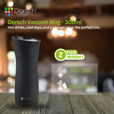 Dorsch Stainless Steel Vacuum Mug - 300ml Capacity | Double Wall Insulation | Leakproof Lid | Keeps Drinks Hot for 6 Hours, Cold for 12 Hours | Lightweight and Durable Design (Black)
