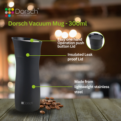 Dorsch Stainless Steel Vacuum Mug - 300ml Capacity | Double Wall Insulation | Leakproof Lid | Keeps Drinks Hot for 6 Hours, Cold for 12 Hours | Lightweight and Durable Design (Black)
