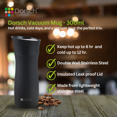 Dorsch Stainless Steel Vacuum Mug - 300ml Capacity | Double Wall Insulation | Leakproof Lid | Keeps Drinks Hot for 6 Hours, Cold for 12 Hours | Lightweight and Durable Design (Black)
