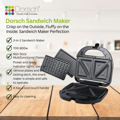 Dorsch SM-30 Sandwich Maker - Versatile 3-in-1 Plate for Sandwiches, Grill, and Waffles - Non-Stick Coating for Effortless Cooking - Includes 2-Year Warranty
