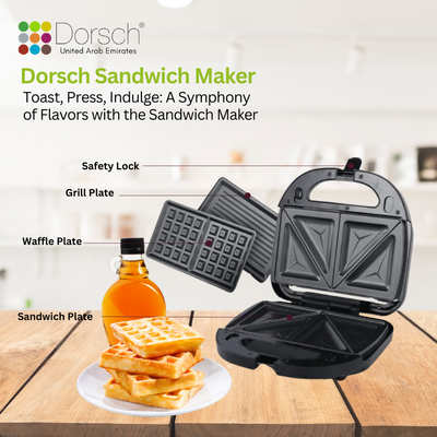 Dorsch SM-30 Sandwich Maker - Versatile 3-in-1 Plate for Sandwiches, Grill, and Waffles - Non-Stick Coating for Effortless Cooking - Includes 2-Year Warranty
