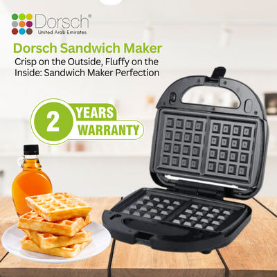 Dorsch SM-30 Sandwich Maker - Versatile 3-in-1 Plate for Sandwiches, Grill, and Waffles - Non-Stick Coating for Effortless Cooking - Includes 2-Year Warranty
