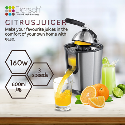 Dorsch Citrus Juicer - 160W Electric Juicing Machine with Stainless Steel Reamer, Auto-Reversing Function, Pulp Control - 0.85 Liter Tank - 2 Years Warranty
