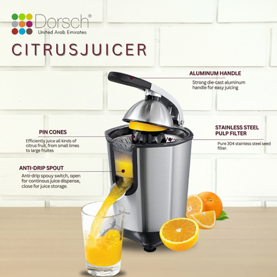 Dorsch Citrus Juicer - 160W Electric Juicing Machine with Stainless Steel Reamer, Auto-Reversing Function, Pulp Control - 0.85 Liter Tank - 2 Years Warranty
