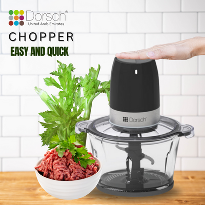 Dorschhome Chopper - 300W Electric Food Processor with Stainless Steel Blades, 2L Capacity, and One-Touch Control - Includes Garlic Peeler & 2 Years Warranty
