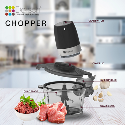 Dorschhome Chopper - 300W Electric Food Processor with Stainless Steel Blades, 2L Capacity, and One-Touch Control - Includes Garlic Peeler & 2 Years Warranty
