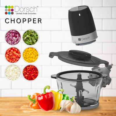 Dorschhome Chopper - 300W Electric Food Processor with Stainless Steel Blades, 2L Capacity, and One-Touch Control - Includes Garlic Peeler & 2 Years Warranty
