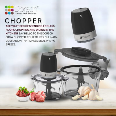 Dorschhome Chopper - 300W Electric Food Processor with Stainless Steel Blades, 2L Capacity, and One-Touch Control - Includes Garlic Peeler & 2 Years Warranty
