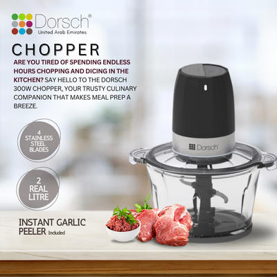 Dorschhome Chopper - 300W Electric Food Processor with Stainless Steel Blades, 2L Capacity, and One-Touch Control - Includes Garlic Peeler & 2 Years Warranty
