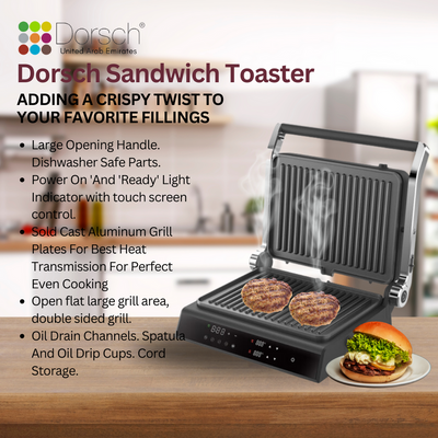 Dorsch ST-90 Sandwich Toaster | 180° Openings | LED Control, 5 Settings | Adjustable Grilling | Double-Sided Plates | Fast Heating | Non-Stick | Aluminium/Stainless Steel | 1800-2000W | 2-Year Warrant
