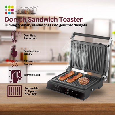 Dorsch ST-90 Sandwich Toaster | 180° Openings | LED Control, 5 Settings | Adjustable Grilling | Double-Sided Plates | Fast Heating | Non-Stick | Aluminium/Stainless Steel | 1800-2000W | 2-Year Warrant
