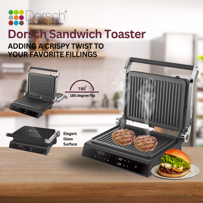 Dorsch ST-90 Sandwich Toaster | 180° Openings | LED Control, 5 Settings | Adjustable Grilling | Double-Sided Plates | Fast Heating | Non-Stick | Aluminium/Stainless Steel | 1800-2000W | 2-Year Warrant
