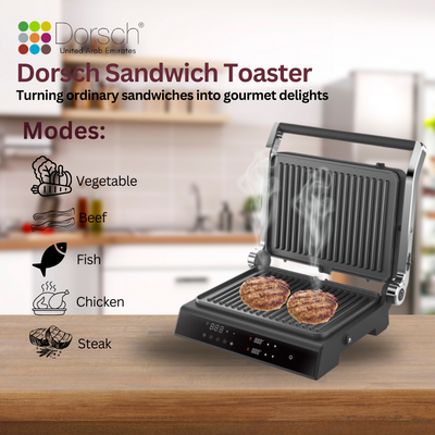 Dorsch ST-90 Sandwich Toaster | 180° Openings | LED Control, 5 Settings | Adjustable Grilling | Double-Sided Plates | Fast Heating | Non-Stick | Aluminium/Stainless Steel | 1800-2000W | 2-Year Warrant
