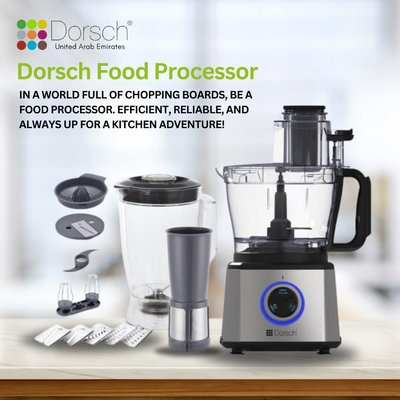 Dorsch Food Processor Fp-78-1100W Power, Citrus Juicer, Pulp Filter, 1.8L Blender Jug, Versatile Blades, Precision Control, Large Capacity, Sleek Design- 24 Months Warranty
