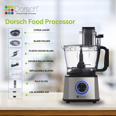 Dorsch Food Processor Fp-78-1100W Power, Citrus Juicer, Pulp Filter, 1.8L Blender Jug, Versatile Blades, Precision Control, Large Capacity, Sleek Design- 24 Months Warranty
