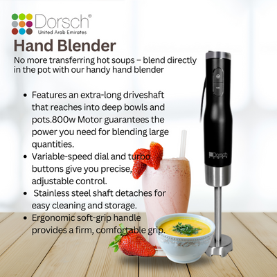 Dorsch Hand Blender HB600S | 800W Motor, 6 Speed Control | Dual-Blade System | Stainless Steel Shaft | Ergonomic Design | 2 Years Warranty (Blender Only)
