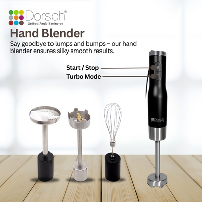 Dorsch Hand Blender HB600S | 800W Motor, 6 Speed Control | 1 Ltr Jug | Dual-Blade System | Stainless Steel Shaft | Includes Masher, Egg Whisk, Chopper, Beaker | 2 Years Warranty (Full Set)
