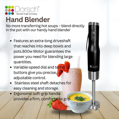 Dorsch Hand Blender HB600S | 800W Motor, 6 Speed Control | 1 Ltr Jug | Dual-Blade System | Stainless Steel Shaft | Includes Masher, Egg Whisk, Chopper, Beaker | 2 Years Warranty (Full Set)
