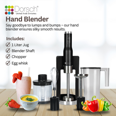 Dorsch Hand Blender HB600S | 800W Motor, 6 Speed Control | 1 Ltr Jug | Dual-Blade System | Stainless Steel Shaft | Includes Masher, Egg Whisk, Chopper, Beaker | 2 Years Warranty (Full Set)
