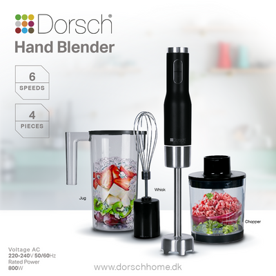 Dorsch Hand Blender HB600S | 800W Motor, 6 Speed Control | 1 Ltr Jug | Dual-Blade System | Stainless Steel Shaft | Includes Masher, Egg Whisk, Chopper, Beaker | 2 Years Warranty (Full Set)
