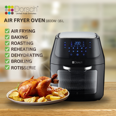 Dorsch Oven Air Fryer AF-100: 10 Built-In Programs,1800W, Spacious 16L Capacity, No Pre-heating Necessary, Effortless Cleaning Design, 2 Years Warranty
