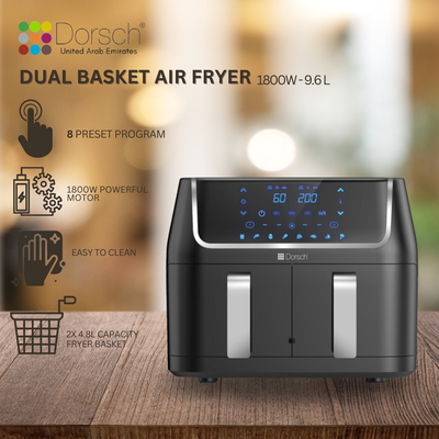 Dorsch Dual Basket Air Fryer AF-800: Healthier Frying, Dual Cook Setting, Sync Function, 8 Built-In Programs | Large 9.6L Capacity, No Pre-heating | 2 Years Warranty
