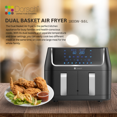 Dorsch Dual Basket Air Fryer AF-800: Healthier Frying, Dual Cook Setting, Sync Function, 8 Built-In Programs | Large 9.6L Capacity, No Pre-heating | 2 Years Warranty
