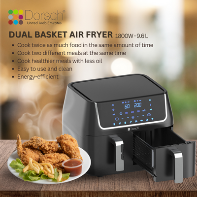 Dorsch Dual Basket Air Fryer AF-800: Healthier Frying, Dual Cook Setting, Sync Function, 8 Built-In Programs | Large 9.6L Capacity, No Pre-heating | 2 Years Warranty
