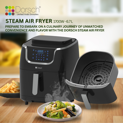 Dorsch Steam Air Fryer: 9 Programs, Dual Functionality for Healthy Cooking | Steaming Technology, Air Frying Feature | Large 6.7L Capacity, Quick Cooking | Digital Control Panel | 2 Year Warranty
