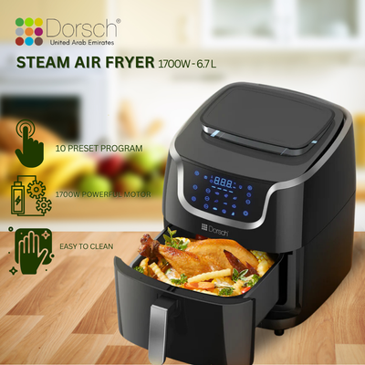 Dorsch Steam Air Fryer: 9 Programs, Dual Functionality for Healthy Cooking | Steaming Technology, Air Frying Feature | Large 6.7L Capacity, Quick Cooking | Digital Control Panel | 2 Year Warranty
