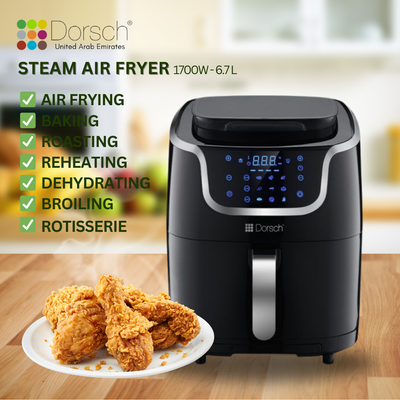 Dorsch Steam Air Fryer: 9 Programs, Dual Functionality for Healthy Cooking | Steaming Technology, Air Frying Feature | Large 6.7L Capacity, Quick Cooking | Digital Control Panel | 2 Year Warranty
