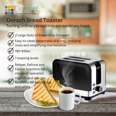 Dorsch TS-90 Bread Toaster - Defrost Function, 2-Slice Capacity, Crumb Collector Tray - Dual Slots, Controlled Toasting, 780-930W Power - Black & Silver, 2-Year Guarantee
