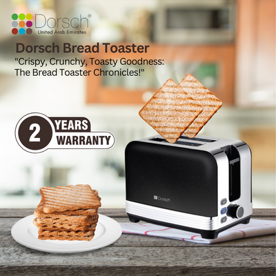 Dorsch TS-90 Bread Toaster - Defrost Function, 2-Slice Capacity, Crumb Collector Tray - Dual Slots, Controlled Toasting, 780-930W Power - Black & Silver, 2-Year Guarantee
