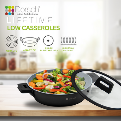 Dorschhome Low Casserole - Premium Cookware with Non-Stick "PROGLIDER" Ceramic Coating - Durable, Scratch-Resistant, TUV Certified - LFGB Tested- Induction Ready - 2 Years warranty (28 CM)
