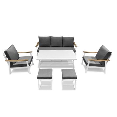 Maple Home Outdoor Sofa Set 3-Seater Sofa 2-Single Armchair Seating Coffee Table Fabric Cushioned 2-Stools Sturdy Aluminium Frame weather-Resistance Rust Proof Balcony Garden Patio Furniture (3+1+1+Table+2 Stools)