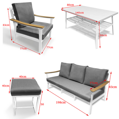 Maple Home Outdoor Sofa Set 3-Seater Sofa 2-Single Armchair Seating Coffee Table Fabric Cushioned 2-Stools Sturdy Aluminium Frame weather-Resistance Rust Proof Balcony Garden Patio Furniture (3+1+1+Table+2 Stools)