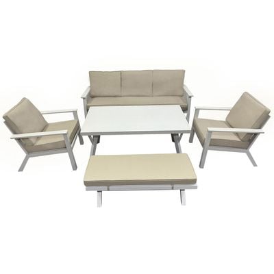 Maple Home Outdoor Sofa Set 3-Seater Sofa 2-Single Armchair Seating Coffee Table Fabric Cushioned Bench Sturdy Aluminium Frame weather-Resistance Rust Proof Balcony Garden Patio Furniture (3+1+1+Table+Bench)