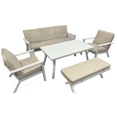 Maple Home Outdoor Sofa Set 3-Seater Sofa 2-Single Armchair Seating Coffee Table Fabric Cushioned Bench Sturdy Aluminium Frame weather-Resistance Rust Proof Balcony Garden Patio Furniture (3+1+1+Table+Bench)