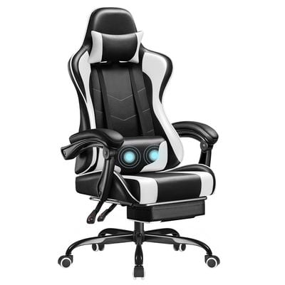 Mahmayi LT RC001 Ergonomic High Back Gaming Chair with Footrest Faux Leather, Office PC Computer Executive Swivel Rolling Chair with Lumber Support and Headrest Ideal for Home and Office - Black and White   