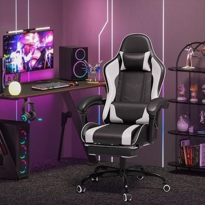 Mahmayi LT RC001 Ergonomic High Back Gaming Chair with Footrest Faux Leather, Office PC Computer Executive Swivel Rolling Chair with Lumber Support and Headrest Ideal for Home and Office - Black and White   