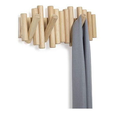 Mirfa 5 Hooks Coat Rack Rail Wall Mounted In Natural Wood Decor 