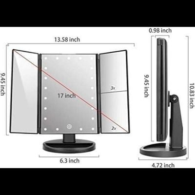 مرآة تجميل مطوية بتصميم ثلاثي مع 21 مصباح LED، شاشة تعمل باللمس، وتكبير